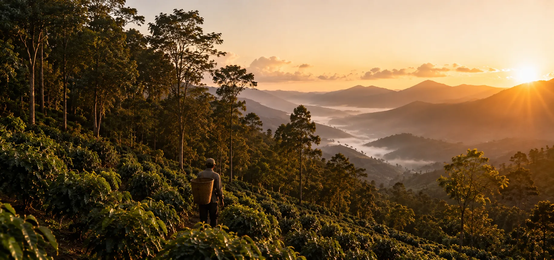 Ripe coffee cherries on a Timor-Leste highland plantation, morning mist behind